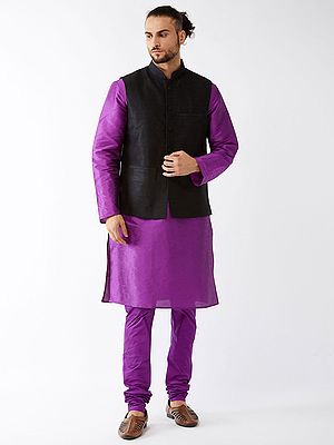 Silk Blend Kurta And Churidar Pajama And Modi Jacket