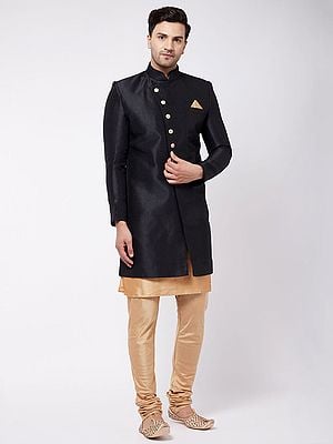 Silk Blend Kurta Pajama With Indowestern Style Sherwani