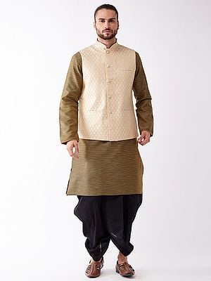 Silk Blend Knee Length Kurta And Black Dhoti With Jacquard Weave Diamond Pattern Cream Modi Jacket
