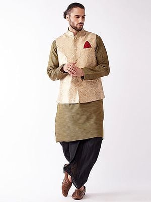 Silk Blend Butti Motif Golden Kurta And Traditional Pattern Black Dhoti With Floral Pattern Jacquard Modi Jacket
