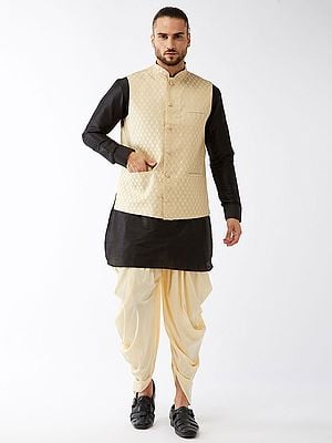 Silk Blend Short Black Kurta And Cotton Blend Dhoti With Cream Modi Jacket
