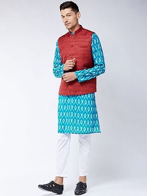 Cotton Blend Flat Collar Ikkat Pattern Turquoise Kurta With Cotton Lycra Pant Style White Pajama And Silk Blend Maroon Modi Jacket