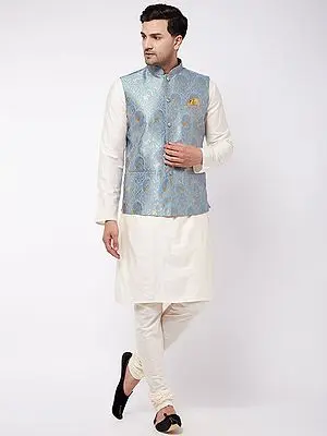 Viscose Cream Kurta Pajama With Silk Blend Brocade Grey Modi Jacket
