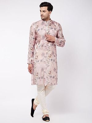 Pink Cotton Blend Phool Pritned Kurta With White Viscose Churidar Pajama