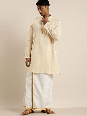 Cotton Short Cream Kurta And South Indian White Mundu With Pocket