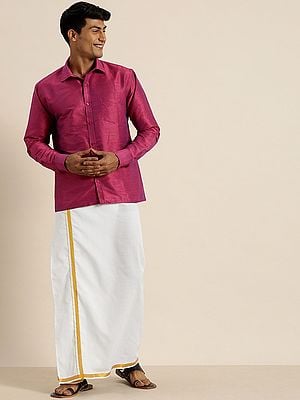 Purple Silk Blend South Indian Style Full Sleeve Shirt With Cotton Golden Border White Mundu