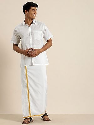 White Pure Cotton Half Sleeve Shirt And Cotton Mundu With Pocket