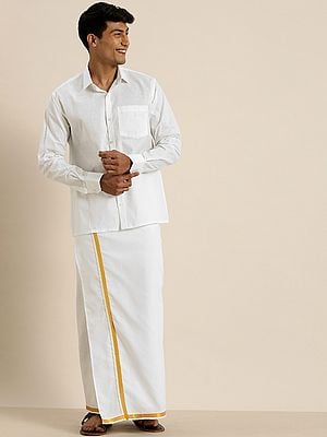 White Pure Cotton Full Sleeve Shirt And Cotton Golden Border Mundu