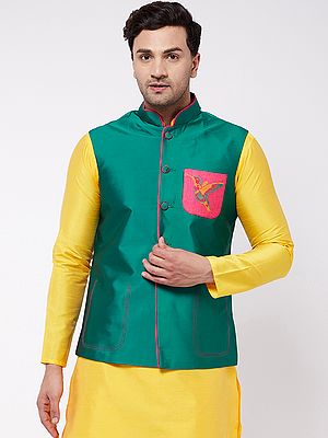 Green Silk Blend Modi Jacket With Bird Embroidered On The Pocket