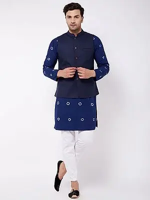 Pure Cotton Tie-Dye Pattern Blue Kurta And Cotton Lycra White Pant Style Pajama And Cotton Blend Modi Jacket