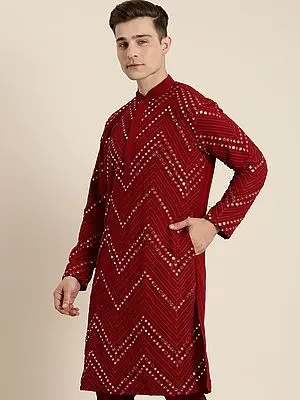 Maroon Georgette Chevron Pattern Mirror Work Kurta