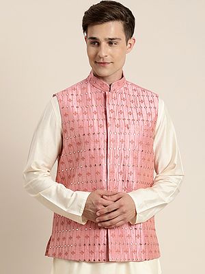 Onion-Pink Silk Blend Modi Jacket With Laddi Pattern Mirror Work