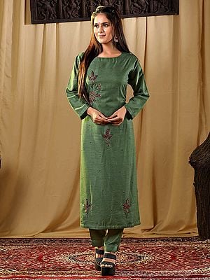 Cotton Floral Hand Embroidered Kurti With Bottom Set