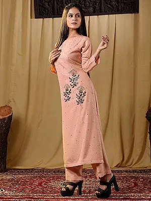 Pure Rayon Three-Quarter Sleeve Kurti With Bundi And Phool Butta Embroidery