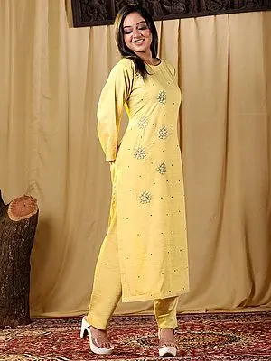 Yellow Pure Cotton Flower Bunch Motif Hand Embroidered Kurti Set