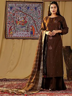 Brown Color Muslin Sharara Suit with Phool Embroidered and Dupatta