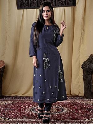 Navy-Blue Muslin Three-Quarter Sleeve Kurti with Floral Hand Embroidered