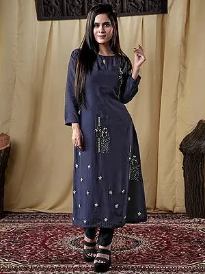 Navy-Blue Muslin Three-Quarter Sleeve Kurti with Floral Hand Embroidered