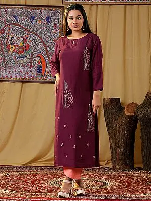 Wine Color Floral Butta Hand Embroidered Muslin Kurti with Bottom Set