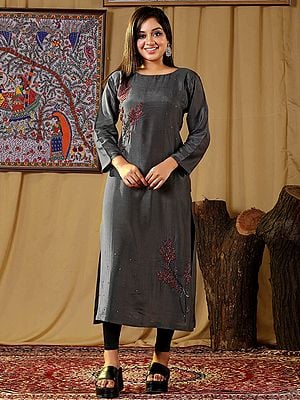 Grey Color Muslin Floral Bold Butta Embroidered Kurti
