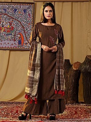 Brown Muslin Sharara Suit With Bold Floral Embroidery