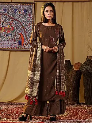 Brown Muslin Sharara Suit with Bold Floral Embroidery