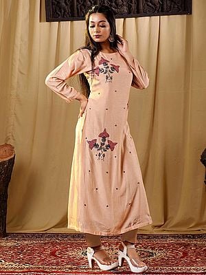 Peach Muslin Kurti Set with Phool Hand Embroidery