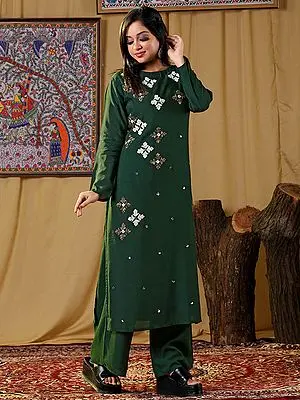 Green Color Muslin Diamond Pattern Hand Embroidered Palazzo Salwar Suit