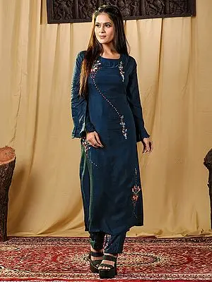 Navy-Blue Muslin Embroidered Kurti Set for Women