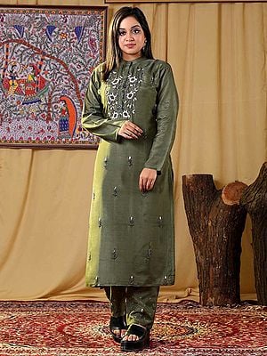 Olive-Green Muslin Kurti With Floral Hand Embroidery On Neck