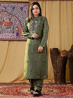 Olive-Green Muslin Kurti with Floral Hand Embroidery on Neck