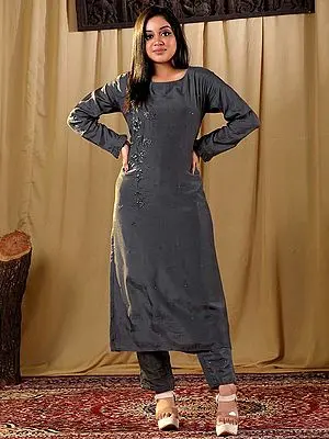 Grey Color Muslin Embroidered Full Sleeve Kurti Bottom Set
