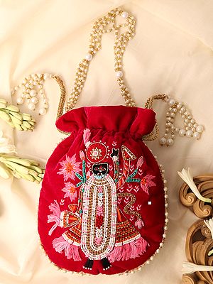 Rose-Red Shreenathji Hand Embroidered Velvet Potli Bag With Beaded Border