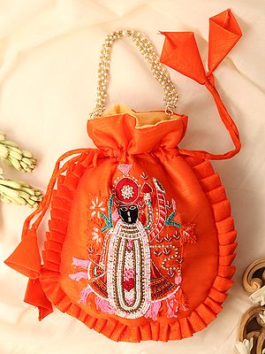 Art Silk Shreenathji Potli Bag with Hand Embroidery and Ruffle Border