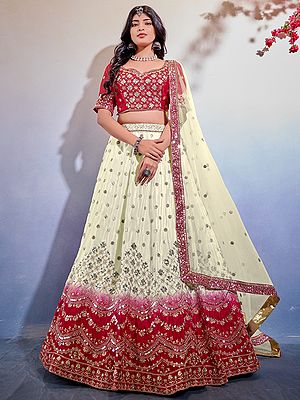 Red-White Premium Chinnon Dual Tone Designer Lehenga Choli and Butterfly Net Dupatta with All-Over Sequins Work
