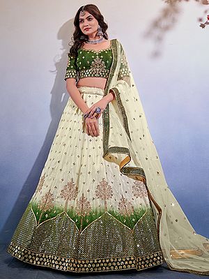 Green-White Sequins Embroidery Dual Tone Tree Motif Premium Chinnon Lehenga Choli And Butterfly Net Dupatta With