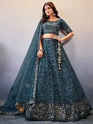 Light-Blue Premium Butterfly Net Lehenga with Slub Georgette Choli and Matching Dupatta