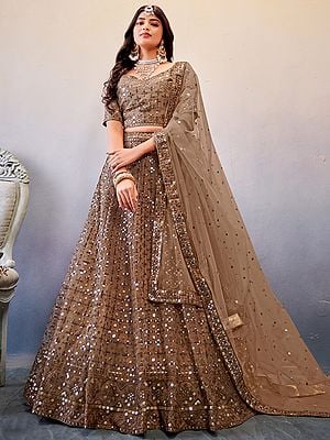 Light-Brown Premium Butterfly Net Sequins Embroidered Lehenga with Slub Georgette Choli and Dupatta