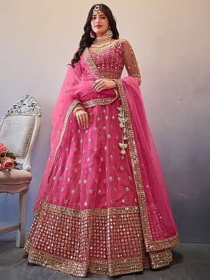 Premium Butterfly Net Floral Butti Pattern Lehenga Choli and Matching Dupatta with All-Over Sequins Embroidery