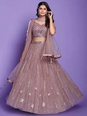 Mauve Soft Silk Lehenga Choli with Thread, Mirror, Glitter Embroidery and Dupatta