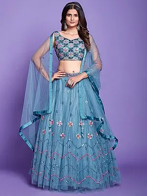 Aqua Soft Silk Thread, Mirror, Glitter Embroidered Chevron Pattern Lehenga Choli with Dupatta