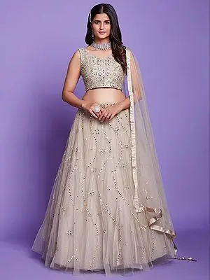 Beige Soft Silk Chevron Pattern Thread, Mirror, Glitter Embroidered Lehenga Choli with Dupatta
