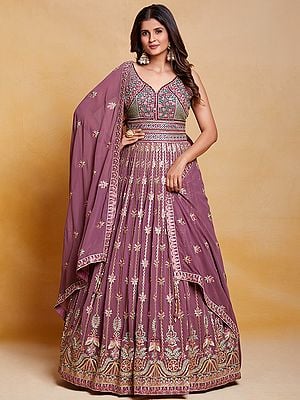 Lavender Floral Laddi Pattern Georgette Anarkali Style Gown with Sequins, Thread, Mirror Embroidery, And Matching Dupatta