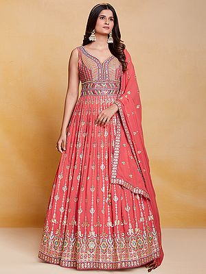 Coral Georgette Vine Pattern Anarkali Style Gown with All-Over Sequins, Thread, Mirror Embroidery, And Latkan Dupatta