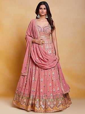 Pink Georgette Mughal-Laddi Pattern Anarkali Style Gown with All-Over Sequins, Thread, Mirror Embroidery, And Matching Latkan Dupatta