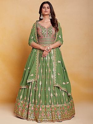 Green Georgette Paisley-Laddi Pattern Anarkali Style Gown with Sequins, Thread, Mirror Embroidery, And Latkan Dupatta