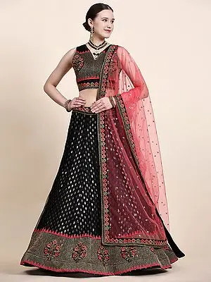 Black Net Butti Motif Lehenga Choli with Premium Net Dupatta with All-Over Multi-Thread Work