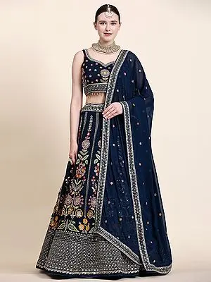 Premium Georgette Floral Sequins, Multi Thread Work Lehenga Choli with Georgette Net Dupatta