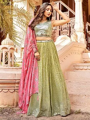 Pista-Green Butti Motif Premium Georgette Silver Sequins Work Lehenga Choli with Latkan Dupatta