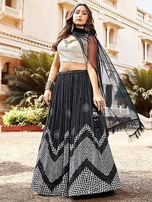 Black-White Chevron Pattern Premium Georgette Self Thread-Sequins Work Lehenga Choli With Latkan Dupatta